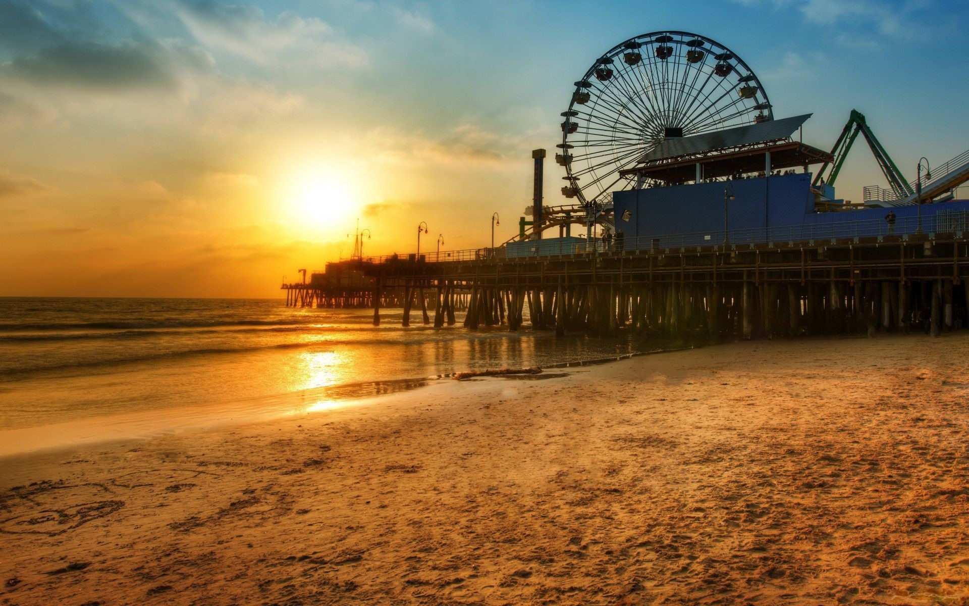 Los Angeles Dock Ferris Wheel Beach Sunset Wallpaper