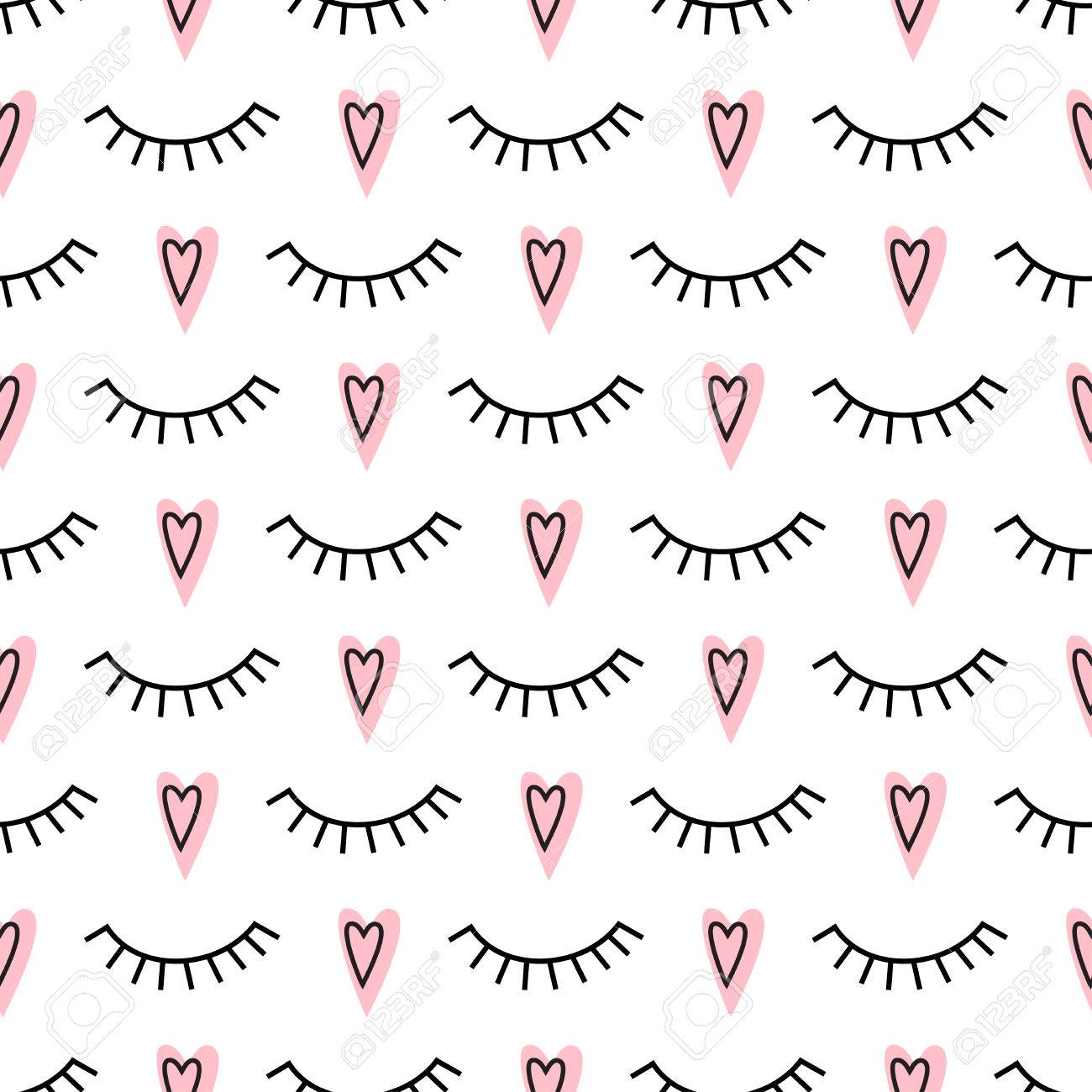 Abstract Pattern With Closed Eyes And Pink Hearts Cute Eyelashes