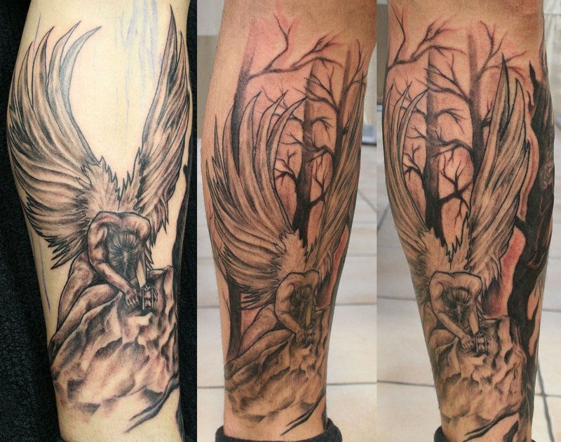 Big Angel And Background Tat By 2face Tattoo