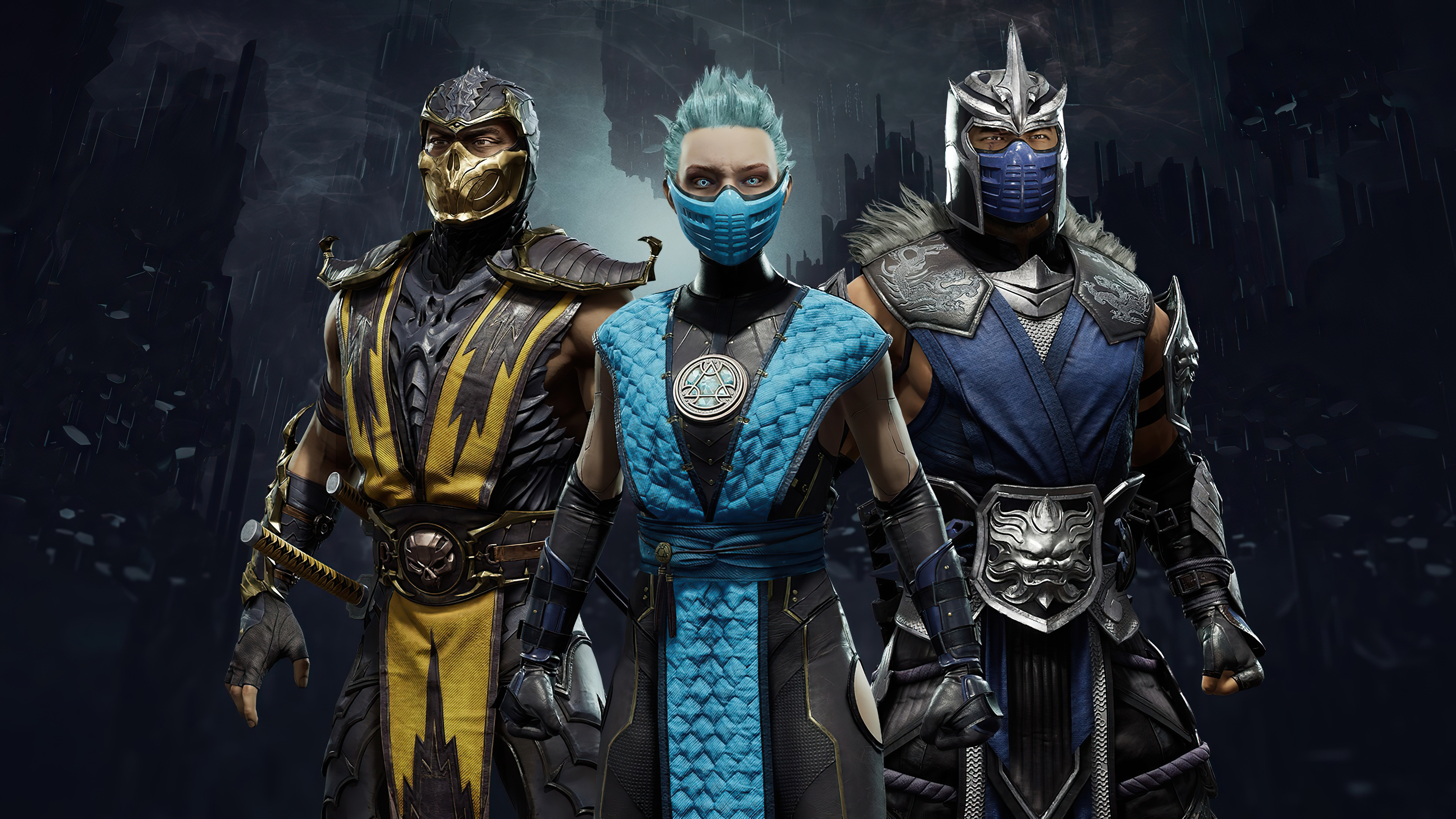 Three Mortal Kombat characters, Scorpion, Frost, and Sub-Zero, stand together against a dark backdrop