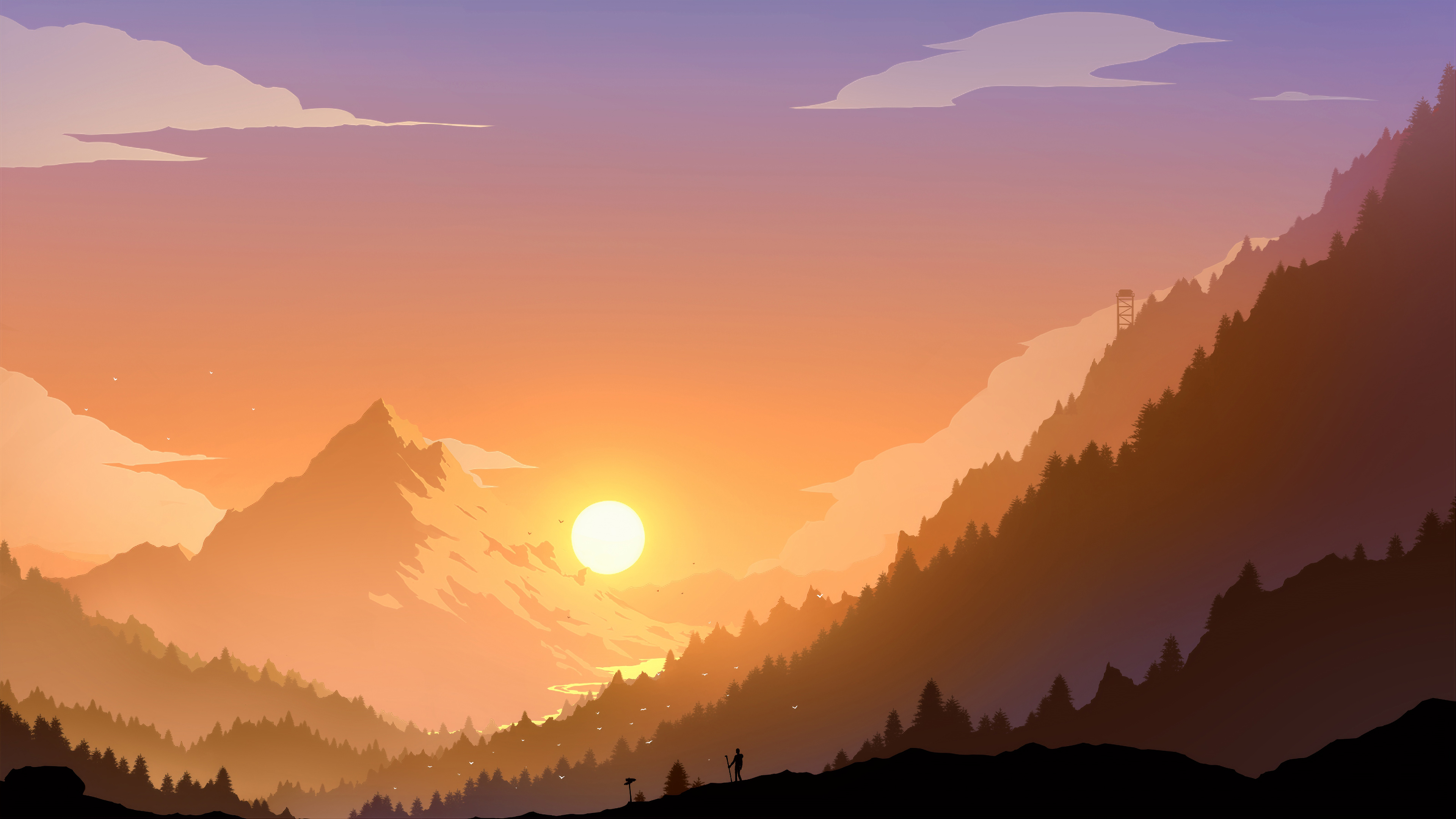 4K Minimalist Art Wallpaper: Sunset over Silhouetted Mountains