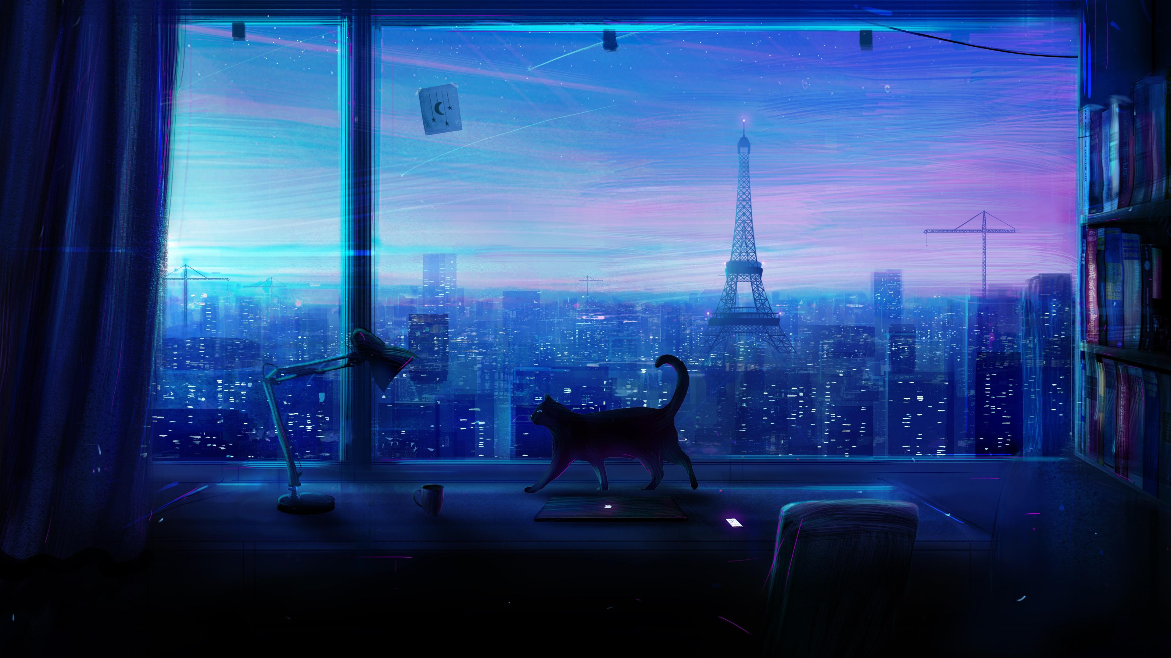 Cat City Night Scenery Anime 4k Wallpaper