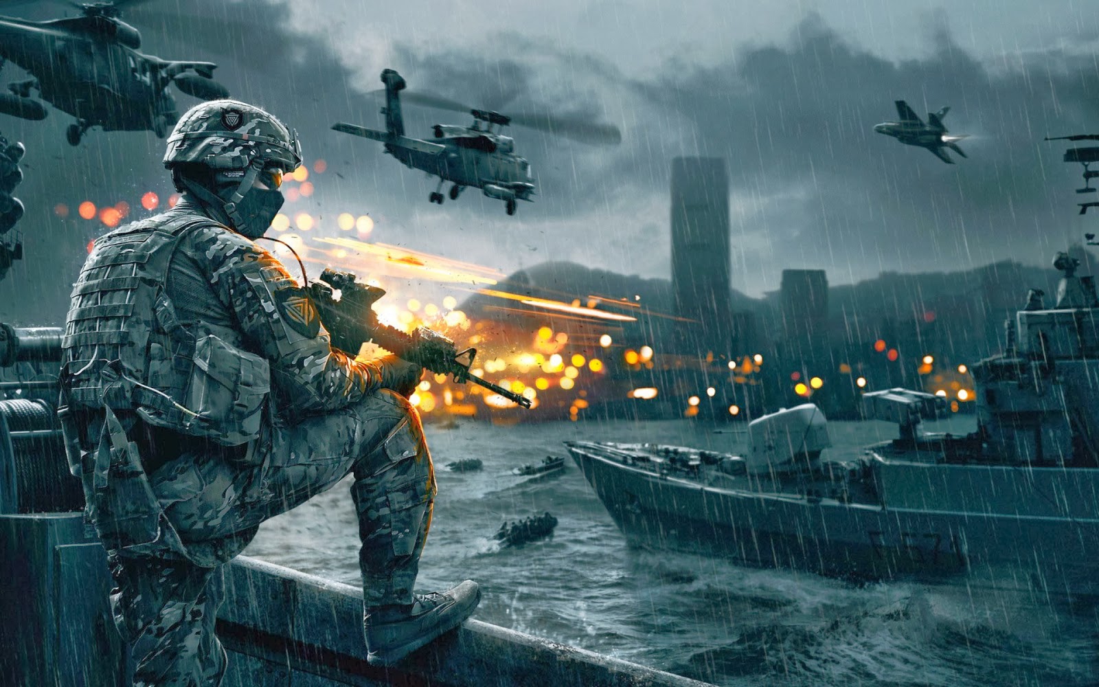 Game Bf4 wallpaper met een soldaat boten en helikopters op de