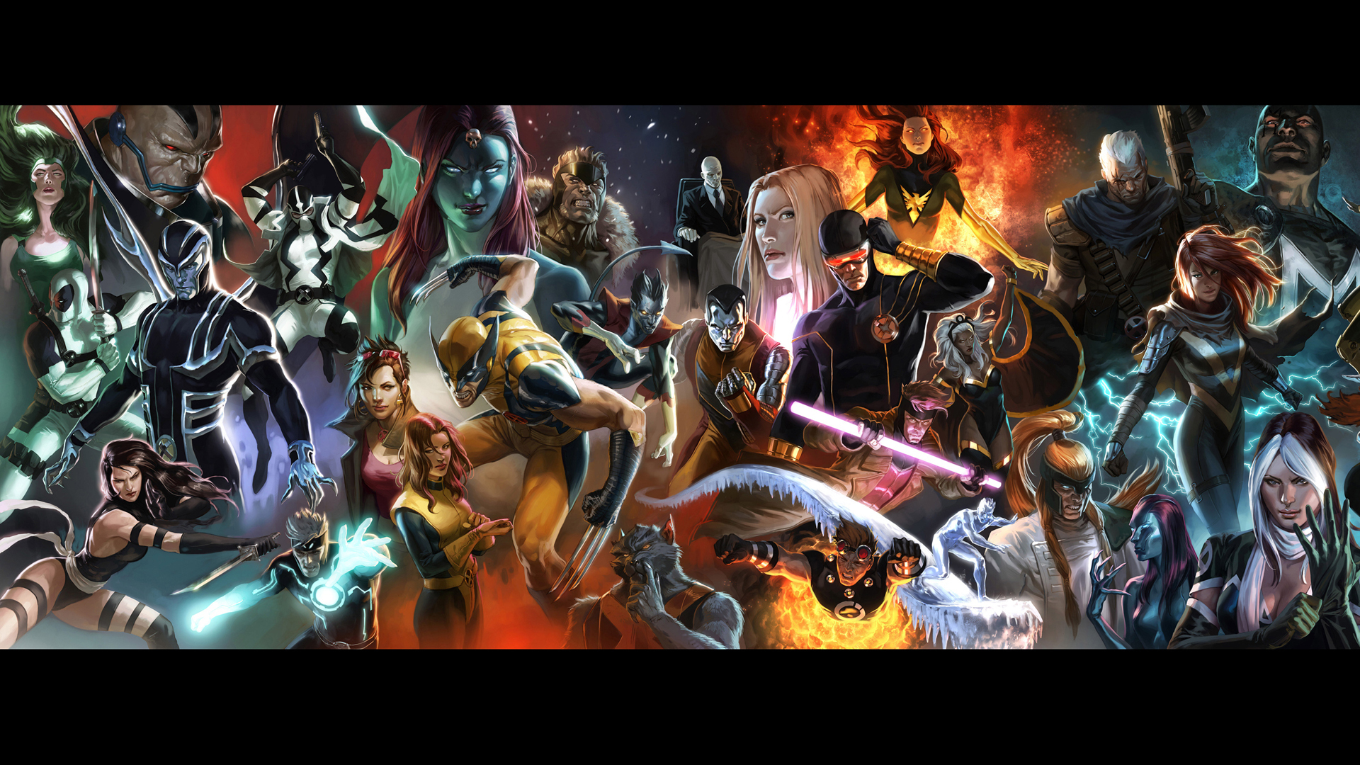 A collage of Marvel Comics X-Men characters in dynamic poses, showcasing their powers and costumes