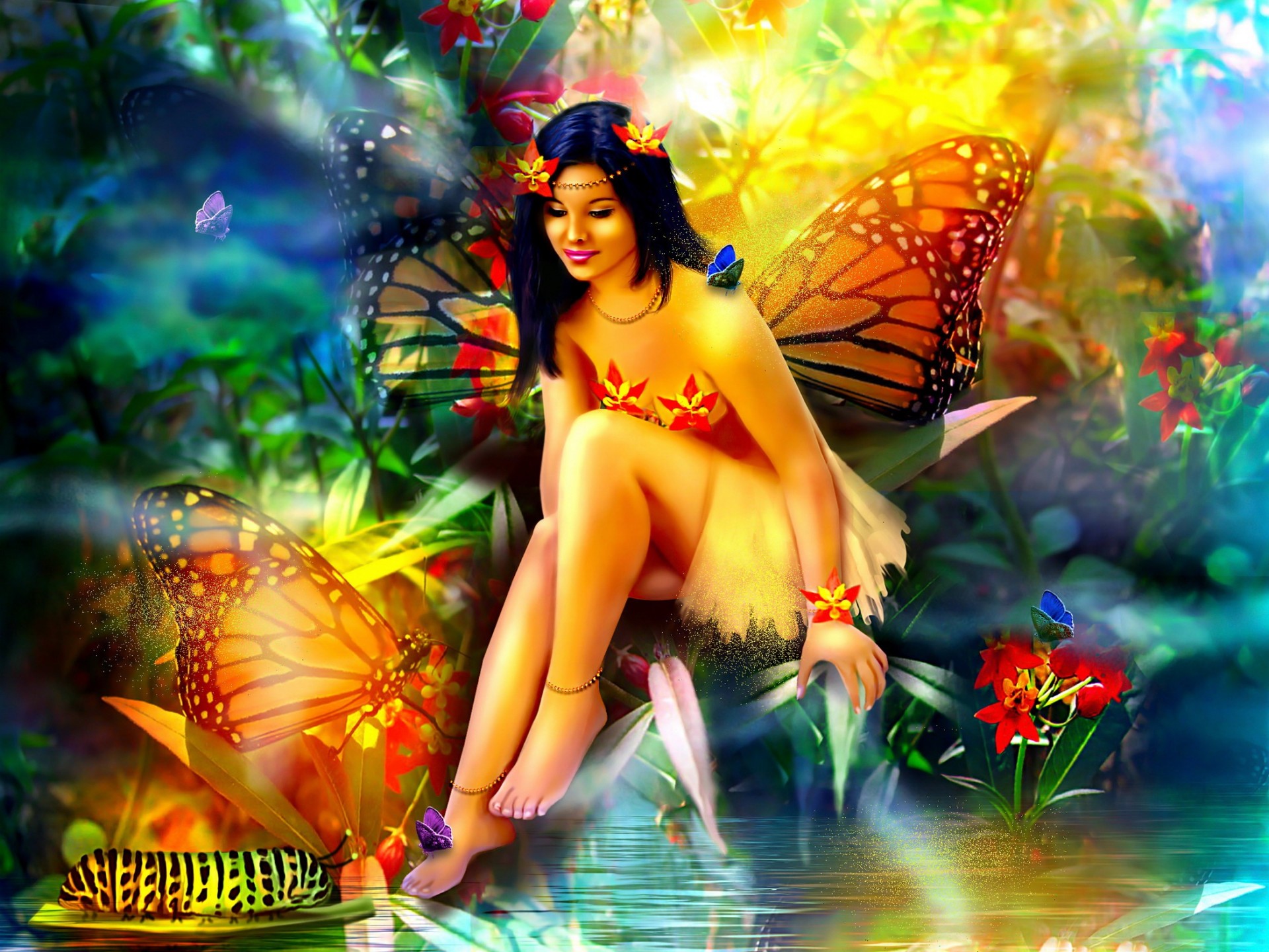 Fantasy Girls Fairy Butterfly Forest Magical Wallpaper