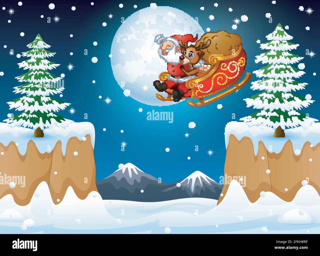 Vector Illustration Of Santa Claus Riding His Sleigh Flying Over