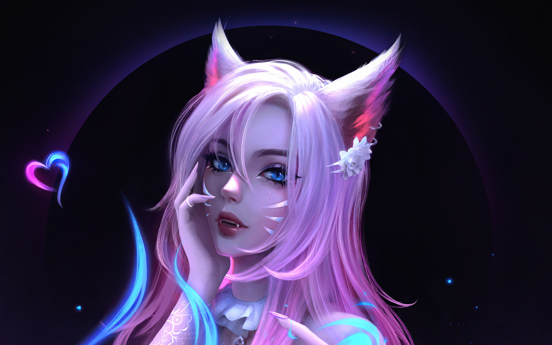 A stunning, fan-made illustration of Ahri, the Nine-Tailed Fox, from League of Legends.  She's depicted with vibrant pink hair, fox ears, glowing blue eyes, and ethereal, glowing accents