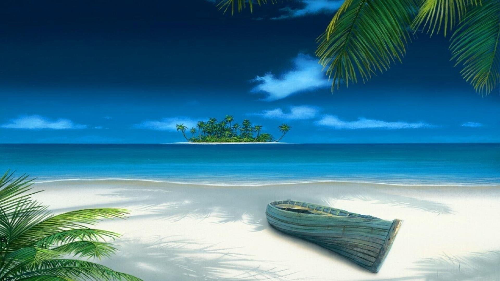 3D Render of a Serene Tropical Beach Scene with Boat and Island