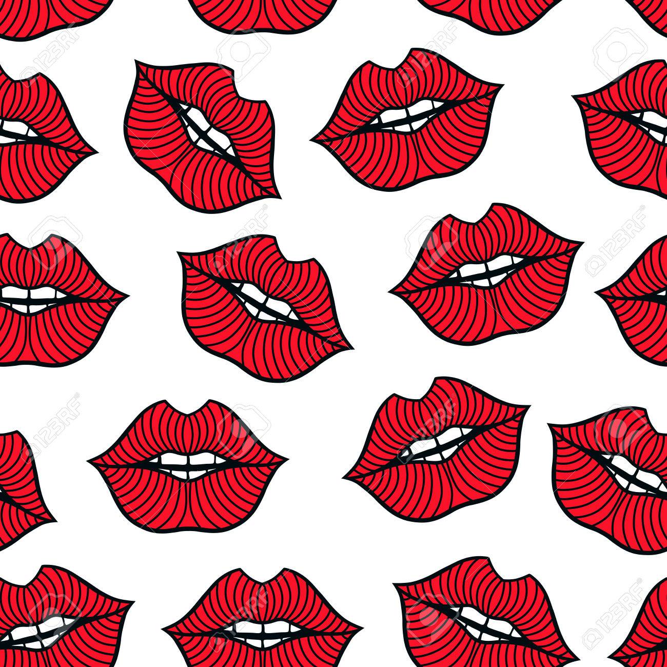 Vector Beauty Seamless Pattern Of Red Lips Sexy Lip Make up