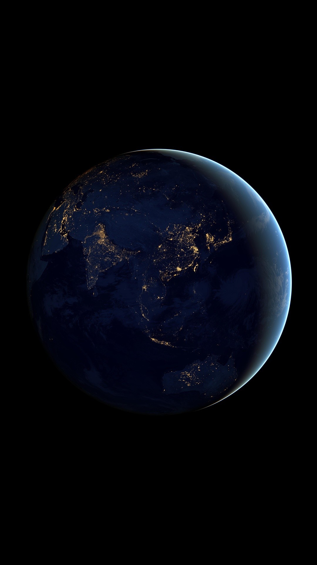 A stunning 4K AMOLED wallpaper showcasing Earth at night, illuminated by city lights against the dark backdrop of space