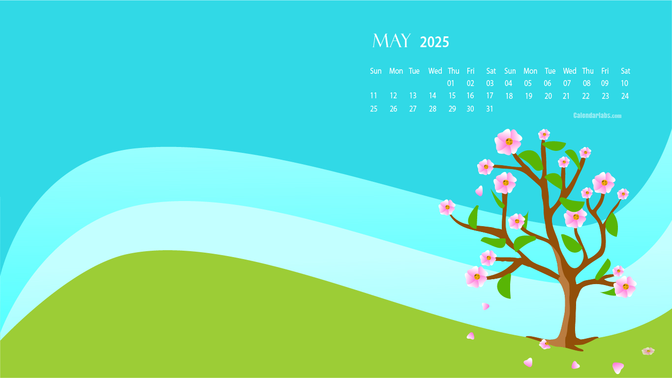 May 2025 calendar with a blooming tree on a green hill against a blue sky background