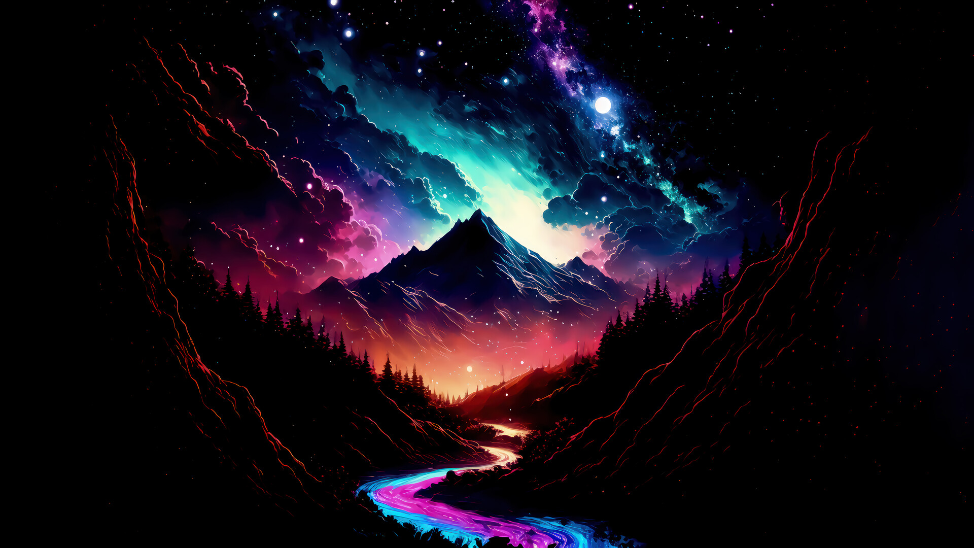 A breathtaking 4K wallpaper featuring a vibrant river flowing through a valley nestled between silhouetted mountains under a mesmerizing, colorful nebula night sky