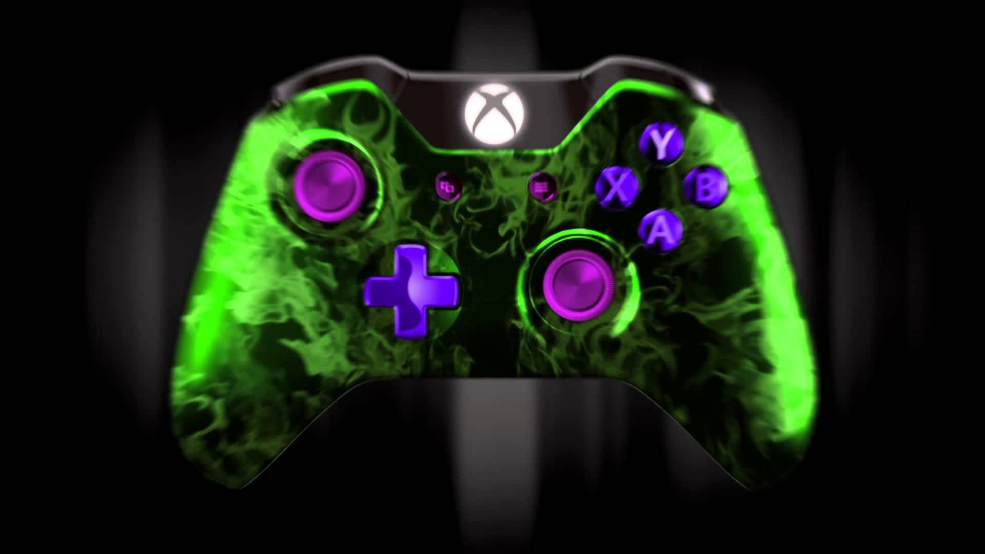 Close-up of a custom Xbox One controller with a vibrant green and purple, smoky design