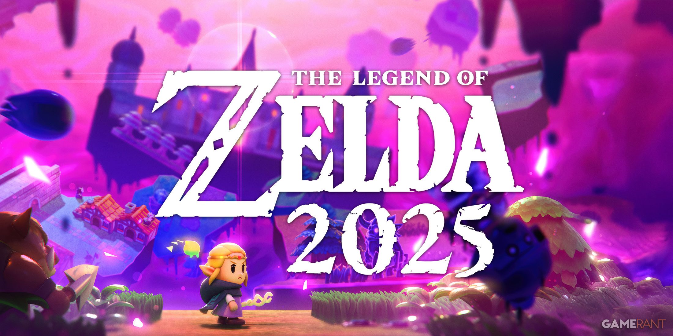 Promotional image for a Legend of Zelda game, featuring Link in a stylized world with the year 2025