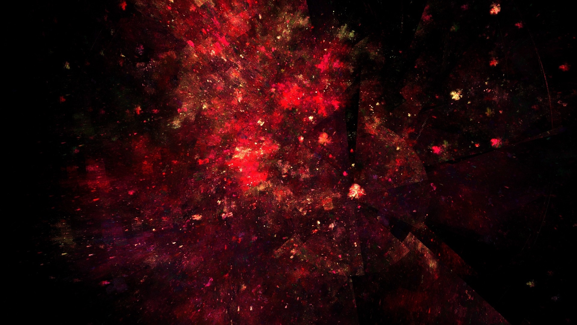 A vibrant abstract wallpaper with a rich, deep red color scheme, interspersed with hints of gold and dark textures. The design evokes a sense of cosmic energy and depth, ideal for adding a touch of modern art to any desktop