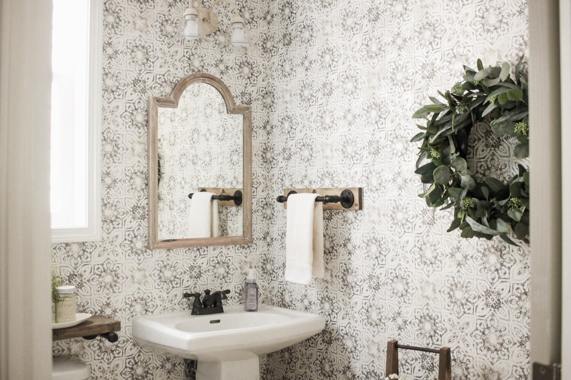 Modern Rustic Farmhouse Bathroom Makeover With Vintage Patina Tile