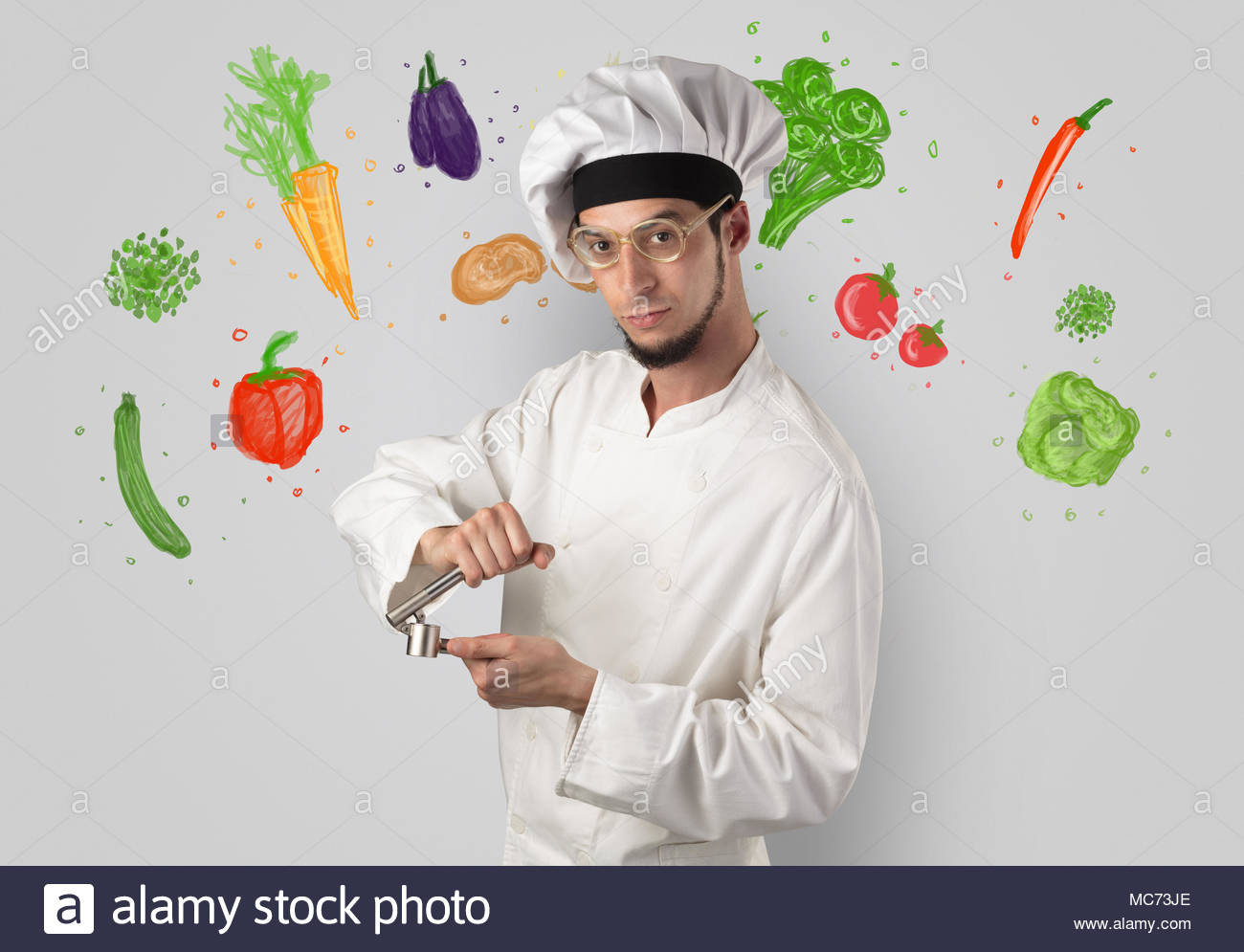 Bearded Cook With Colourful Drawn Vegetables On A White Wallpaper