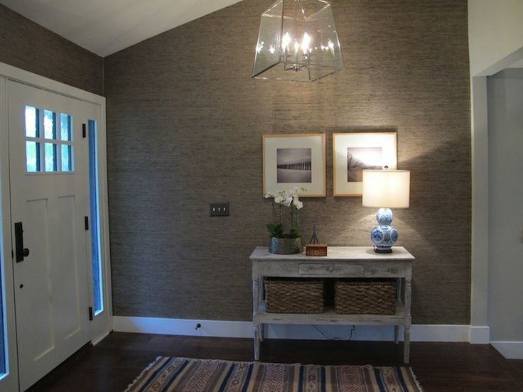 Gray Grasscloth Wallpaper Covering Foyer Walls Washed