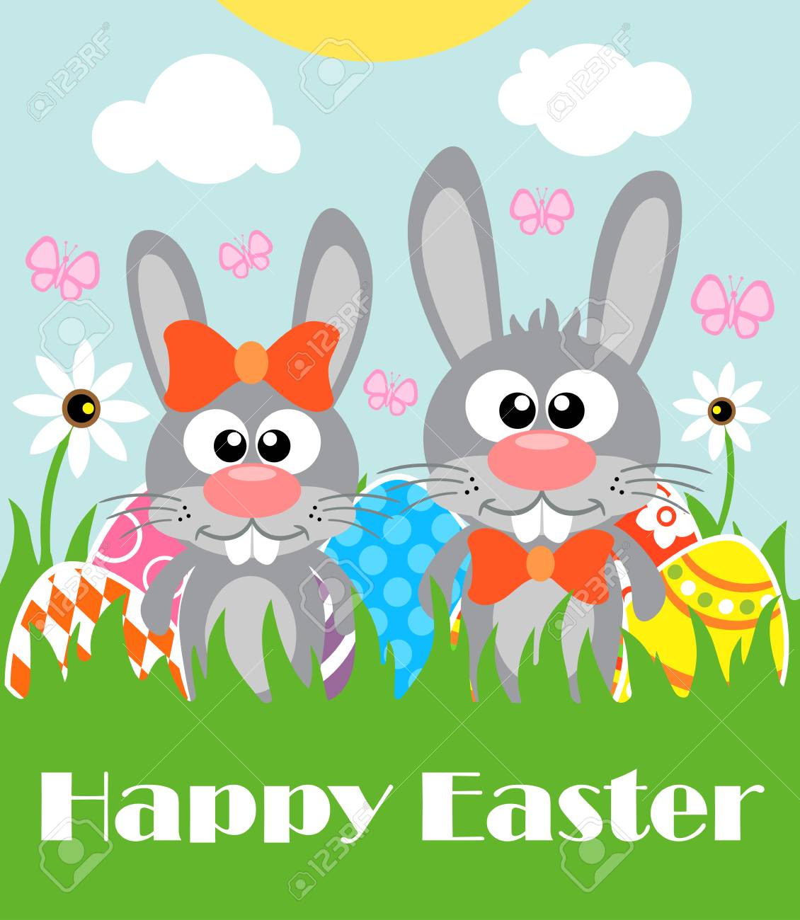 Happy Easter Background Card With Two Funny RabbitsVector