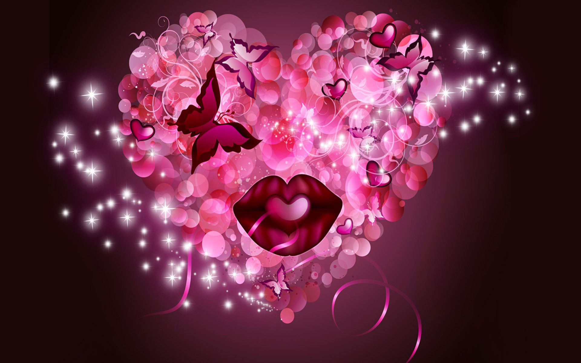 A vibrant illustration of a heart composed of pink bubbles, adorned with butterflies, small hearts, and sparkling stars. A pair of luscious lips are centrally placed, adding a touch of romance