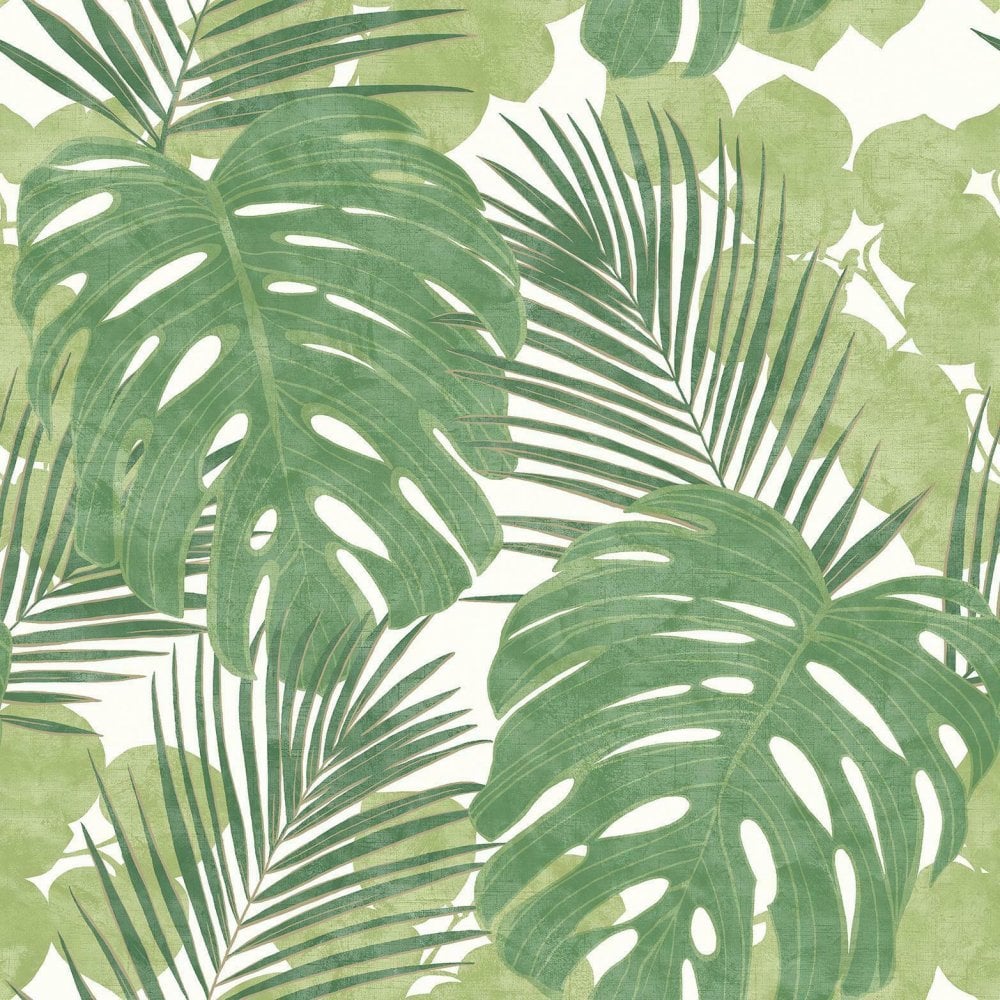 Rasch Jungle Large Leaf Green White Wallpaper Palm Botanical 1000x1000