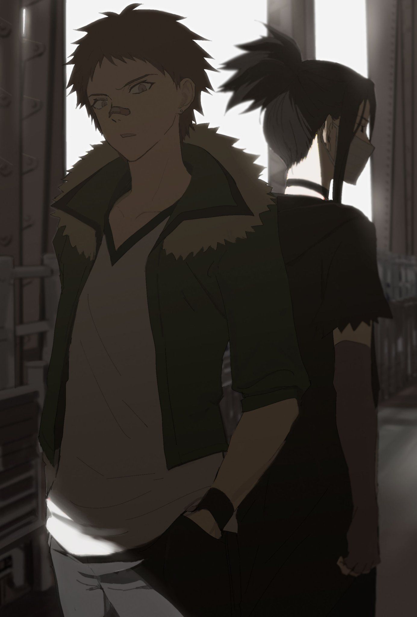 Tachihara Michizō and Gin Akutagawa from Bungou Stray Dogs in a dimly lit industrial setting
