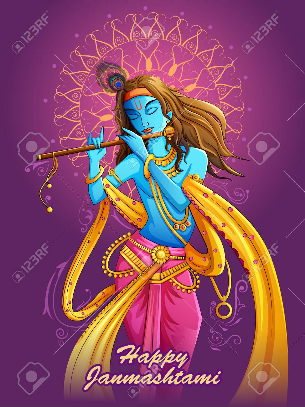 Lord Krishna Playing Bansuri Flute On Happy Janmashtami Holiday