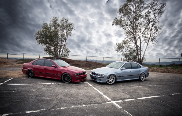 Bmw M5 E39 Red Blue Side Sky Clouds Trees