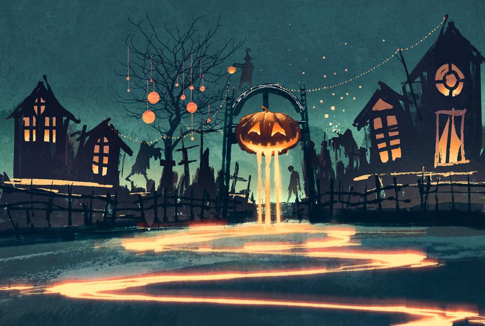 Buy Discount Kate Halloween Backdrop Horror Old Village Pumpkin