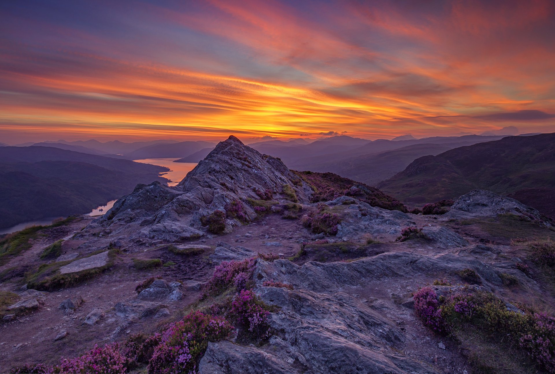 Sunset over a scenic mountain landscape with a lake and purple heather in the foreground