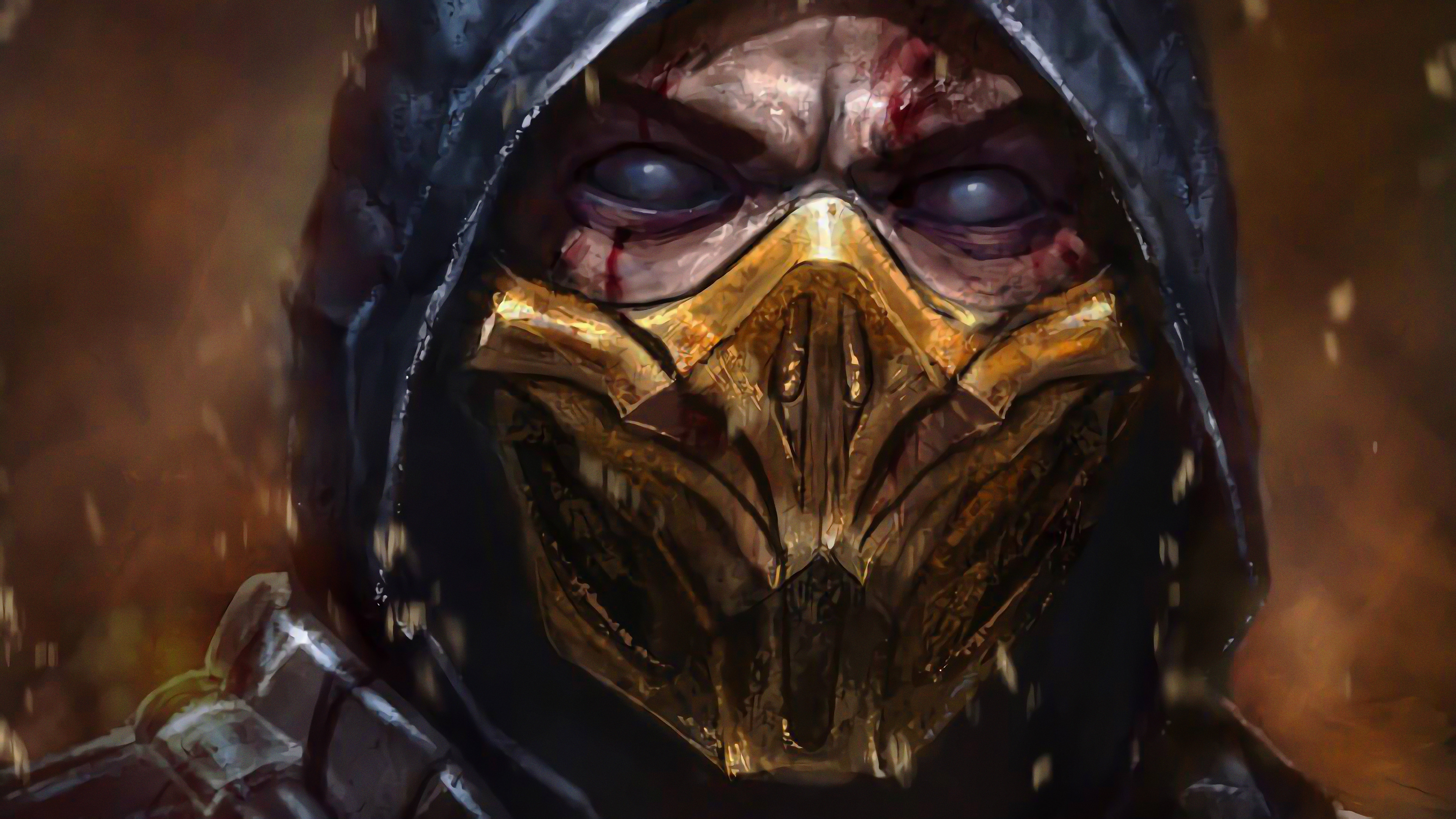 Close-up of Mortal Kombat's Scorpion, featuring his iconic gold mask and dark, hooded attire