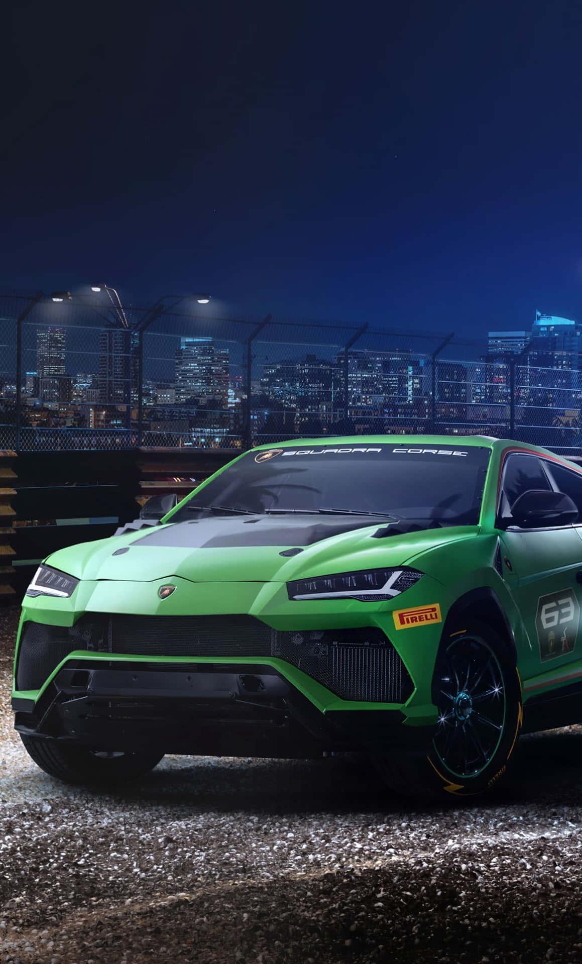 The Green Lamborghini Urus Is Driving Down Street At