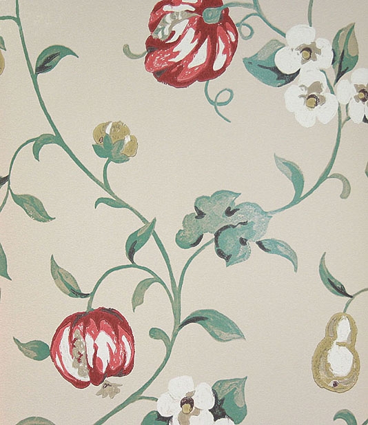 Pear and Pomegranate Wallpaper Floral wallpaper in red and teal green