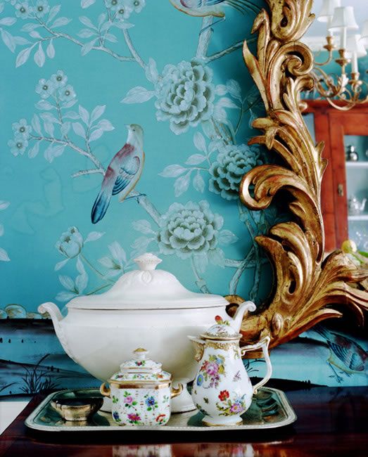 Decor   Chinoiserie   Turquoise blue chinoiserie wallpaper with birds 523x650