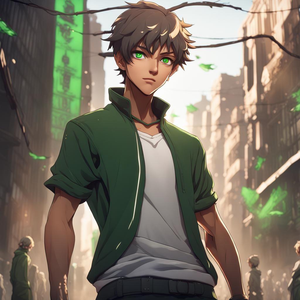 Anime Boy With Tan Skin Green Eyes And Strong Jawline Ai