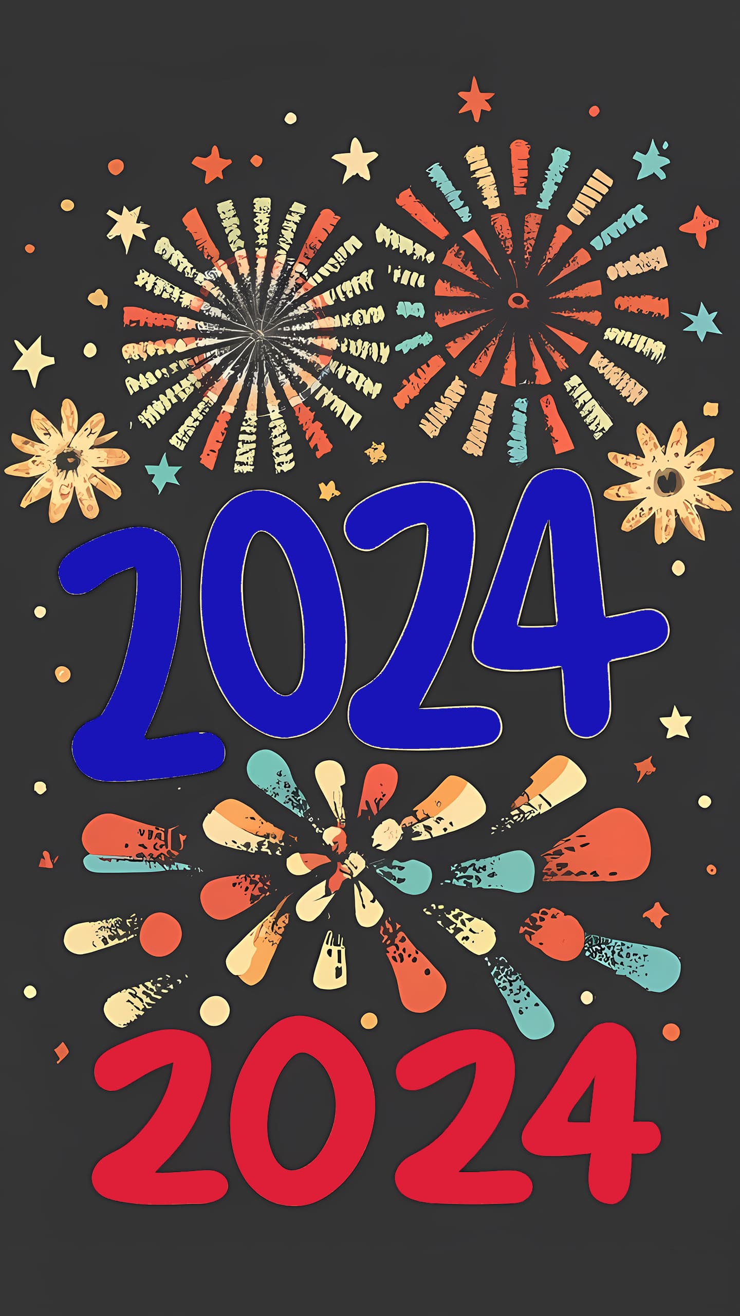 Aesthetic 2024 wallpaper with fireworks and floral designs, perfect for celebrating the new year