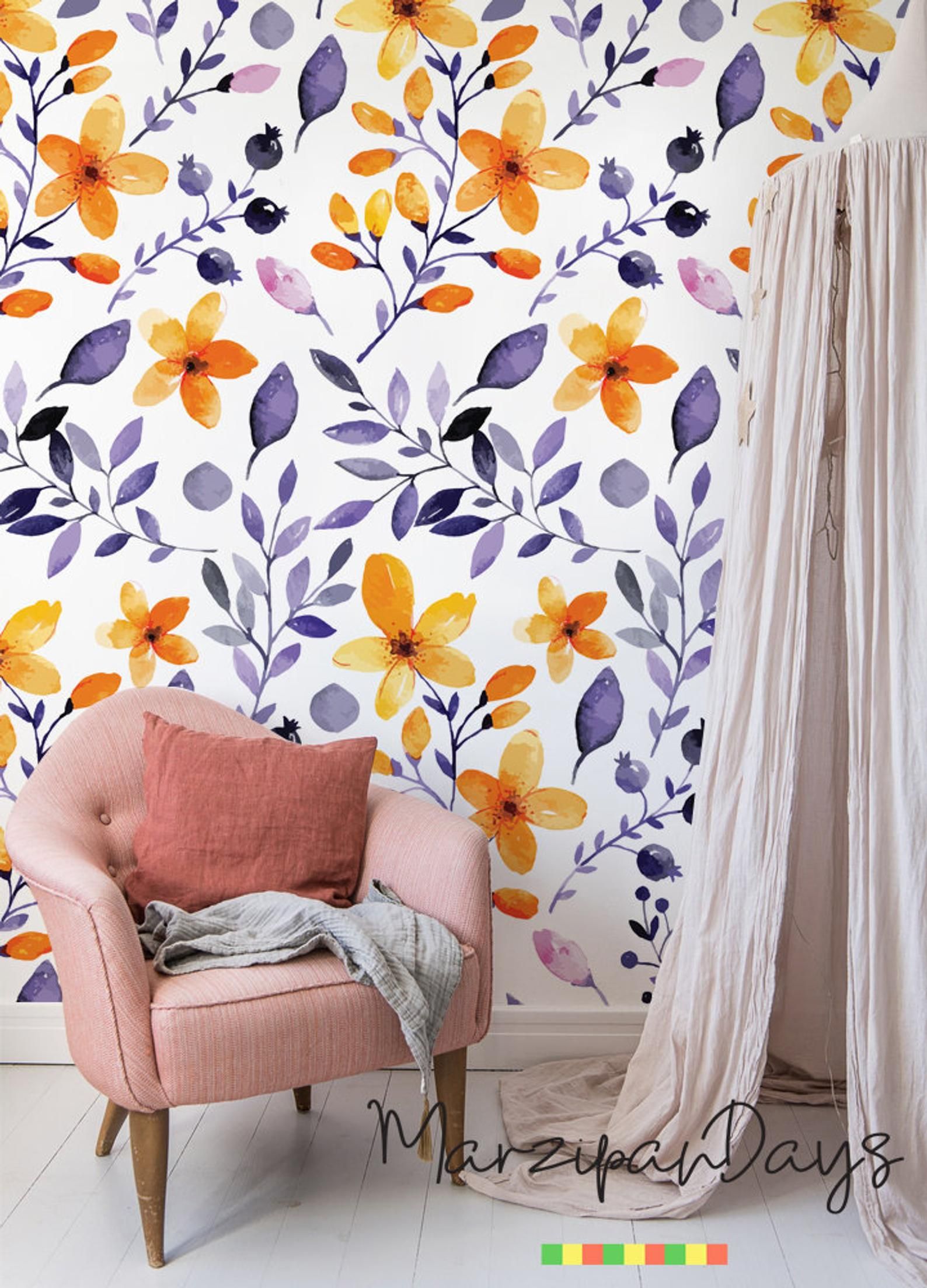 Navy Floral Wallpaper In Bedroom