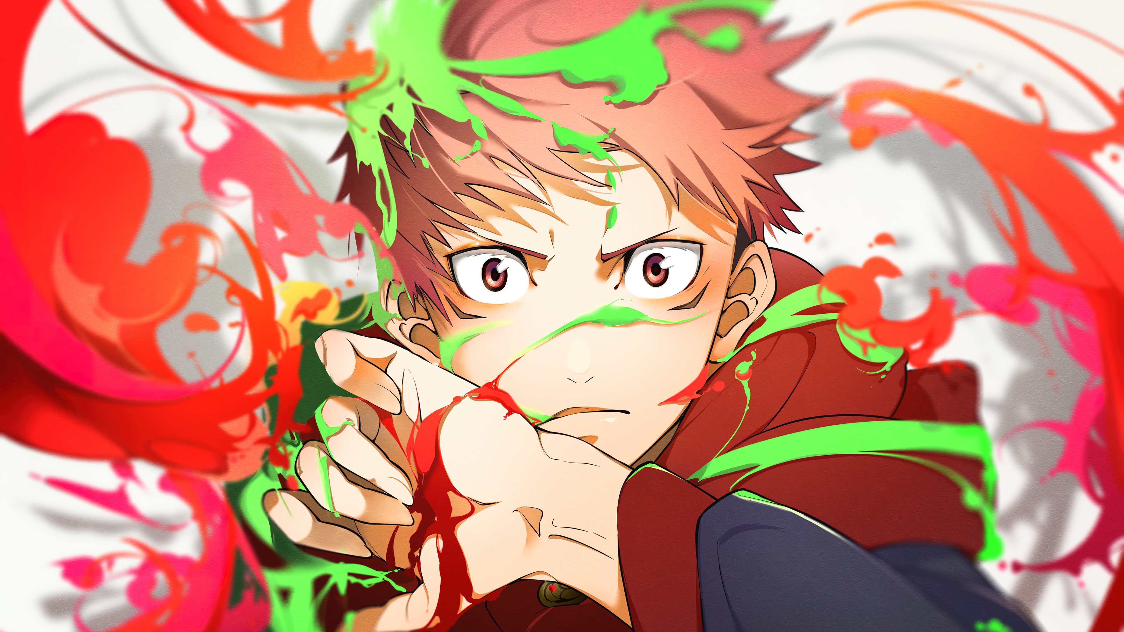 Yuji Itadori from Jujutsu Kaisen, with splashes of red and green paint, in an action pose