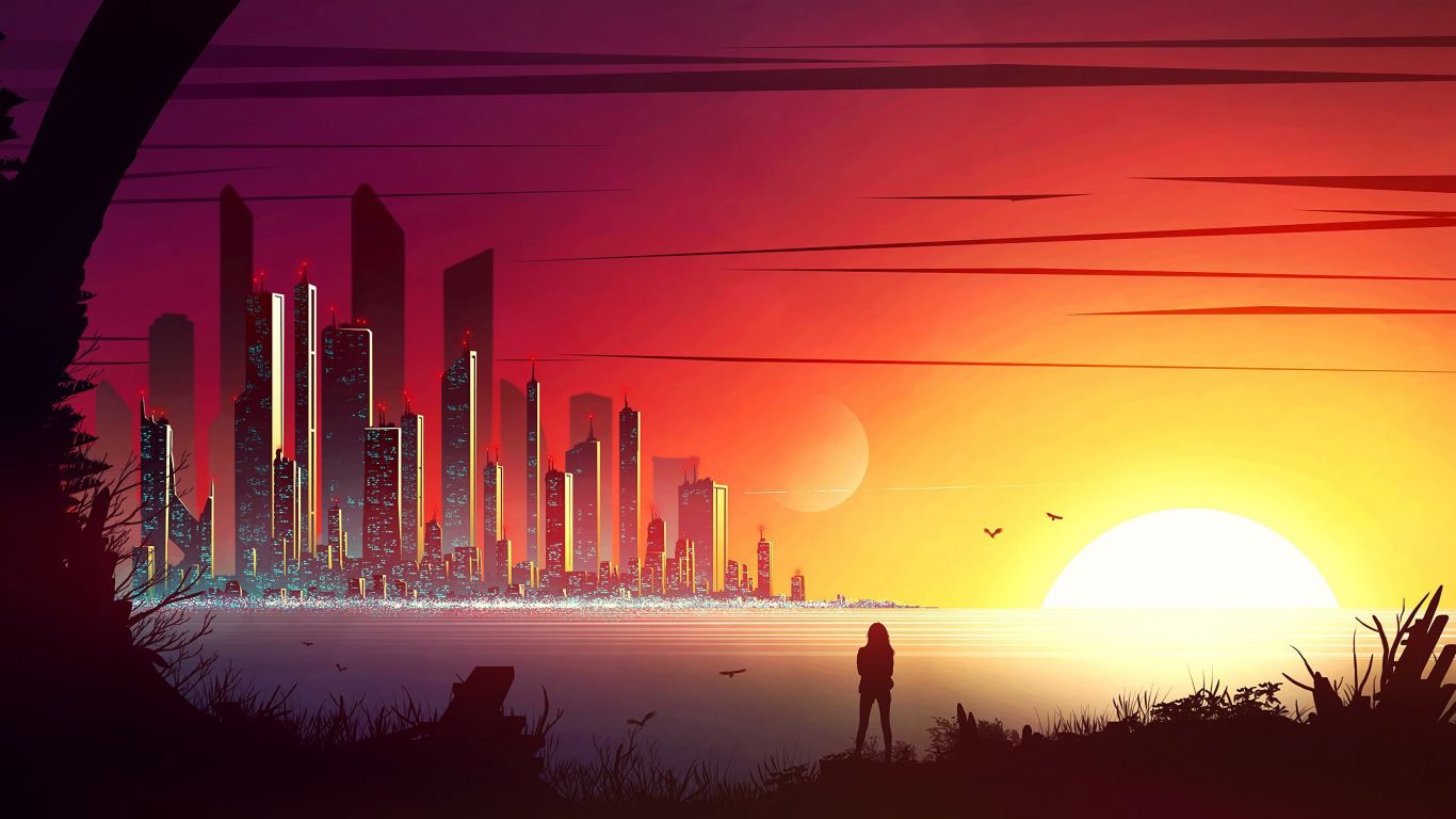 Sunrise City Sunset Digital Art Wallpaper