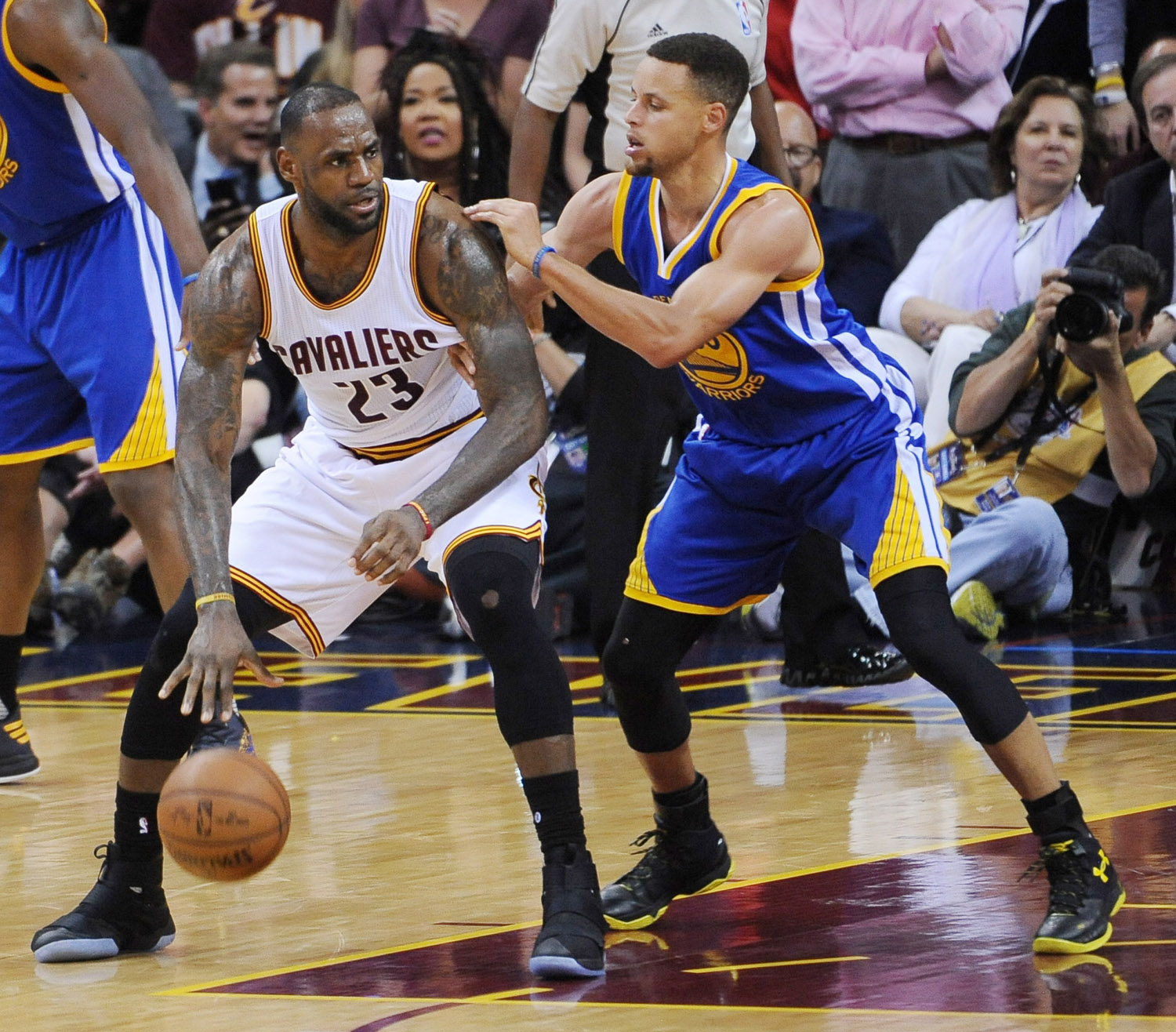 LeBron James and Stephen Curry face-off during an NBA game