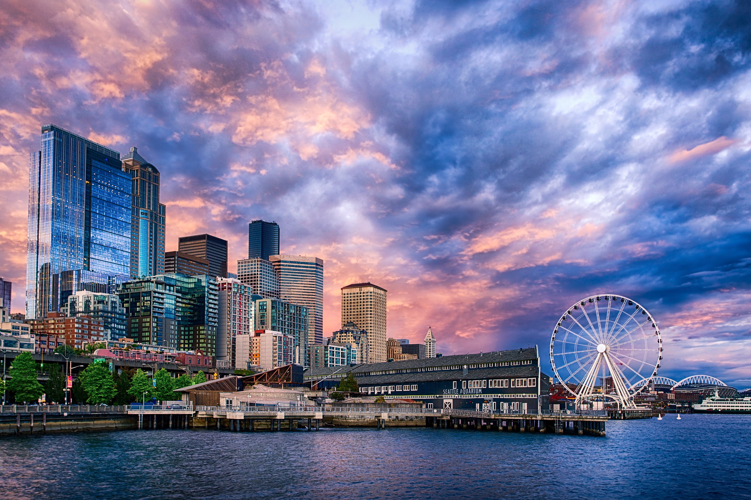Seattle Ferris Wheel Sunset On Wallpaper
