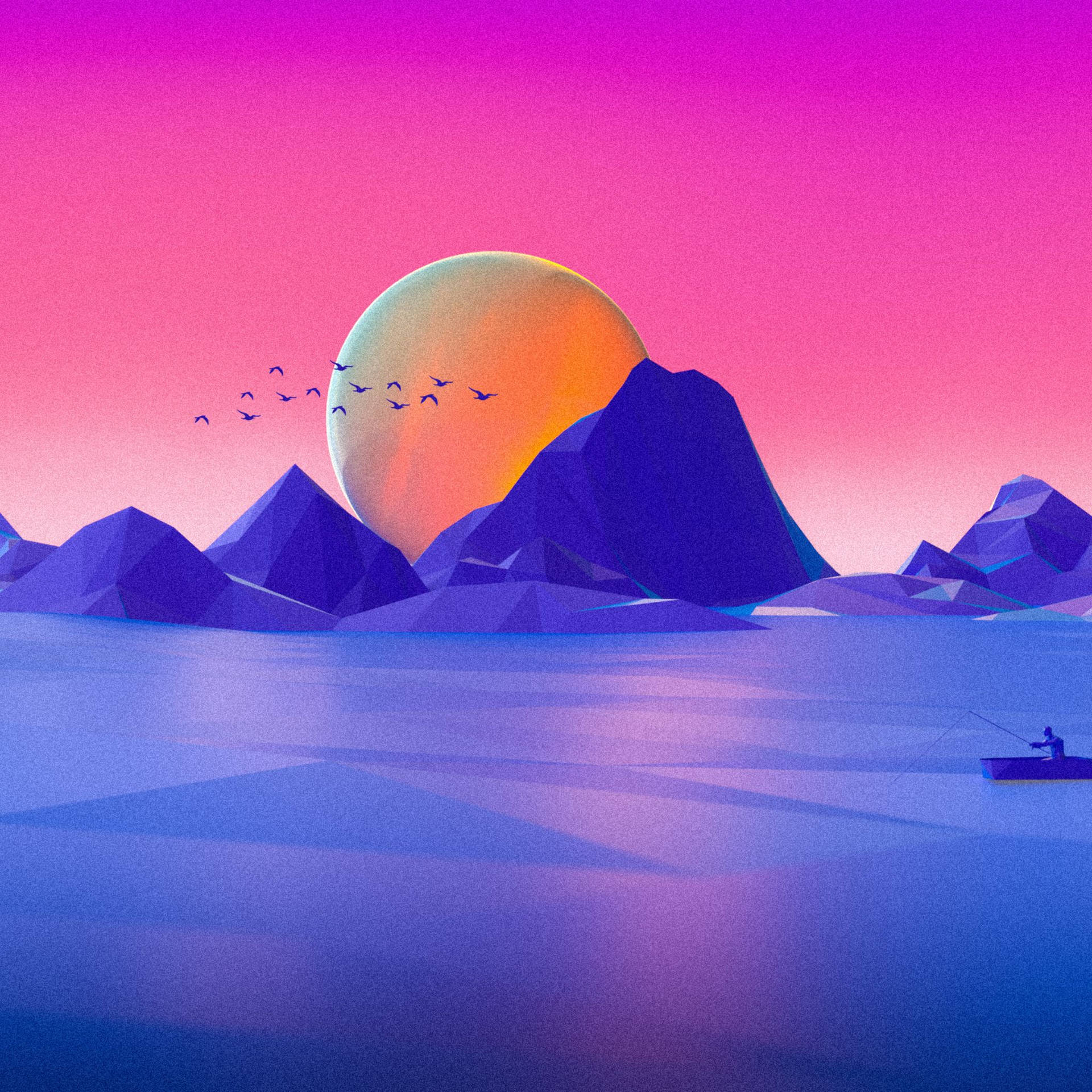 A vibrant 4k wallpaper for iPad featuring a low-poly landscape with purple mountains, a large orange sun, a flock of birds, and a lone fisherman in a boat on calm water