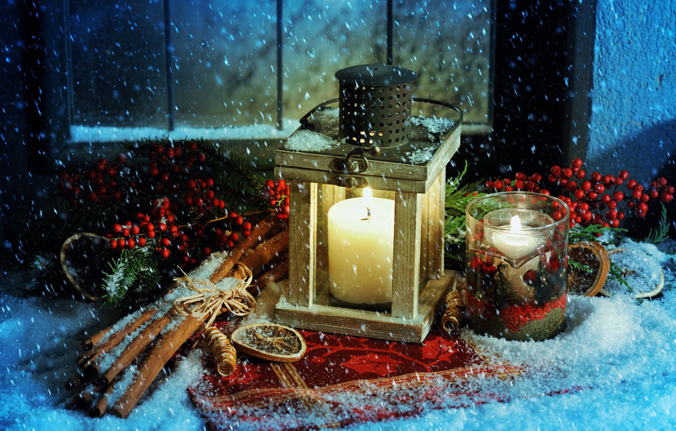Wallpaper Snow Candles Christmas Lantern New Year Cinnamon