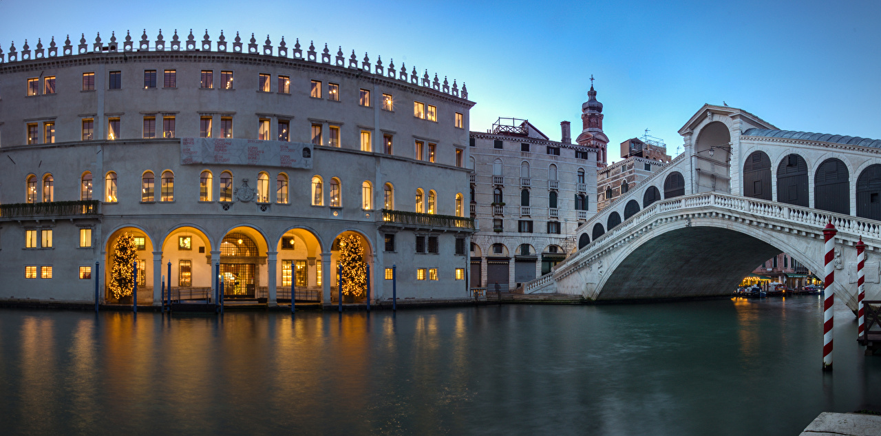 Image Venice Italy Canal Bridges Evening Cities Houses