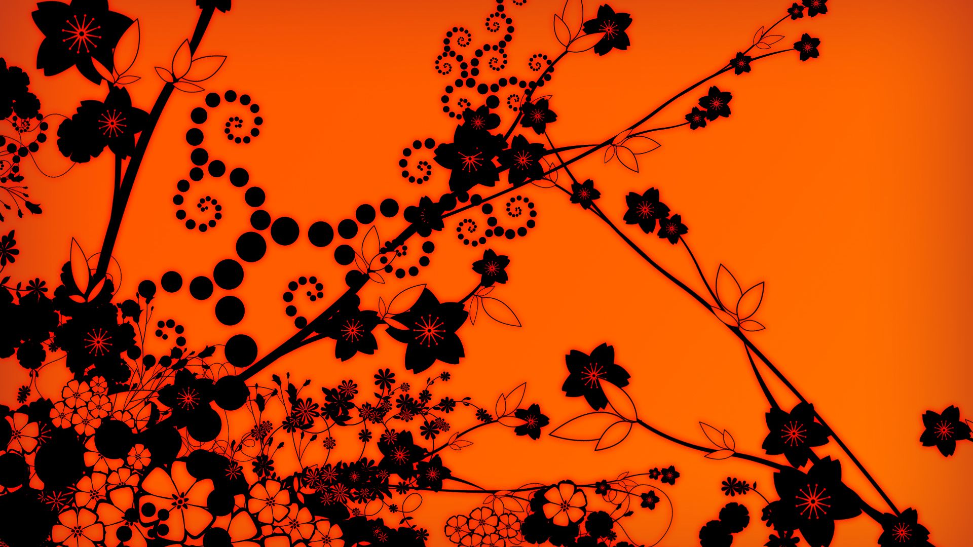 A vibrant orange background with a striking silhouette of flowering branches and decorative swirls, creating a captivating contrast