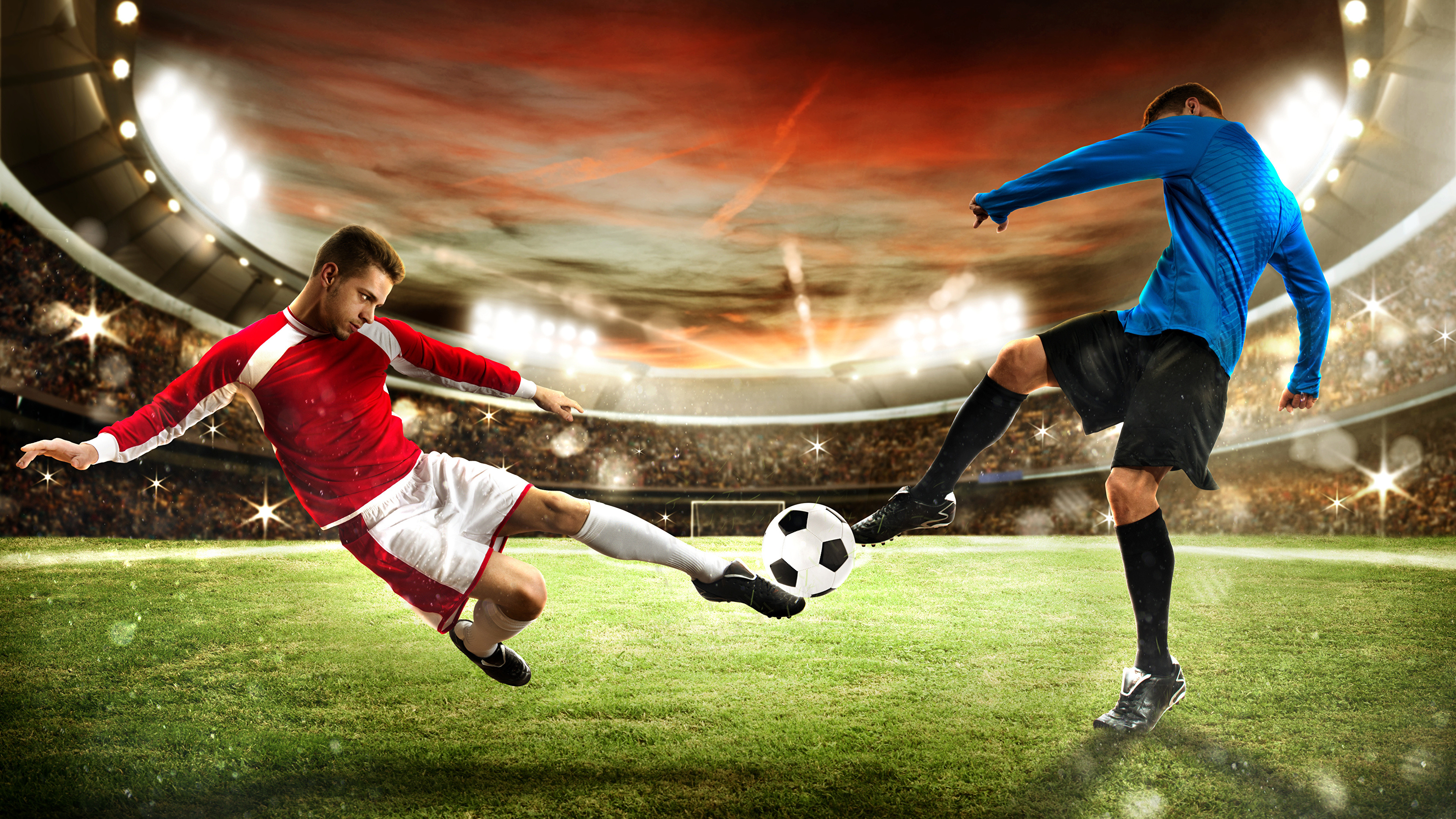 Two soccer players competing for the ball in a dynamic action shot during a professional match