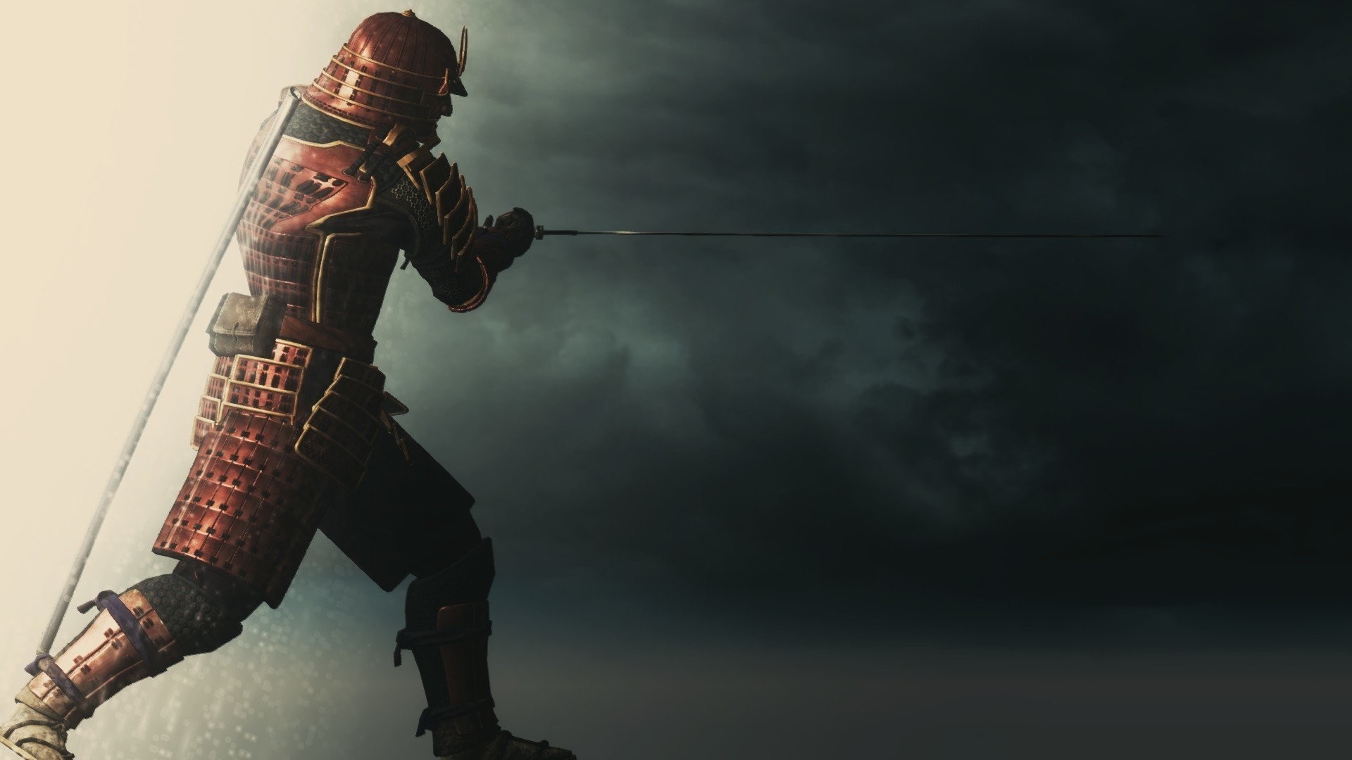 A samurai warrior in traditional armor stands poised with a katana against a dramatic stormy sky