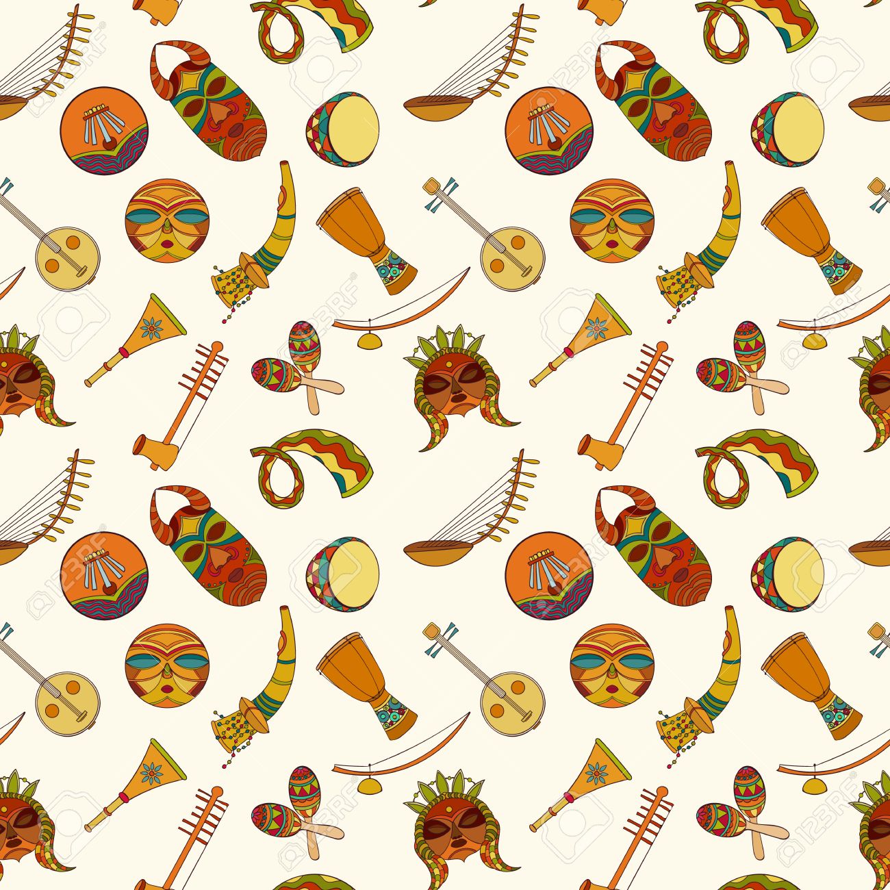 Hand Drawn Seamless African Music Pattern Vector Illustration