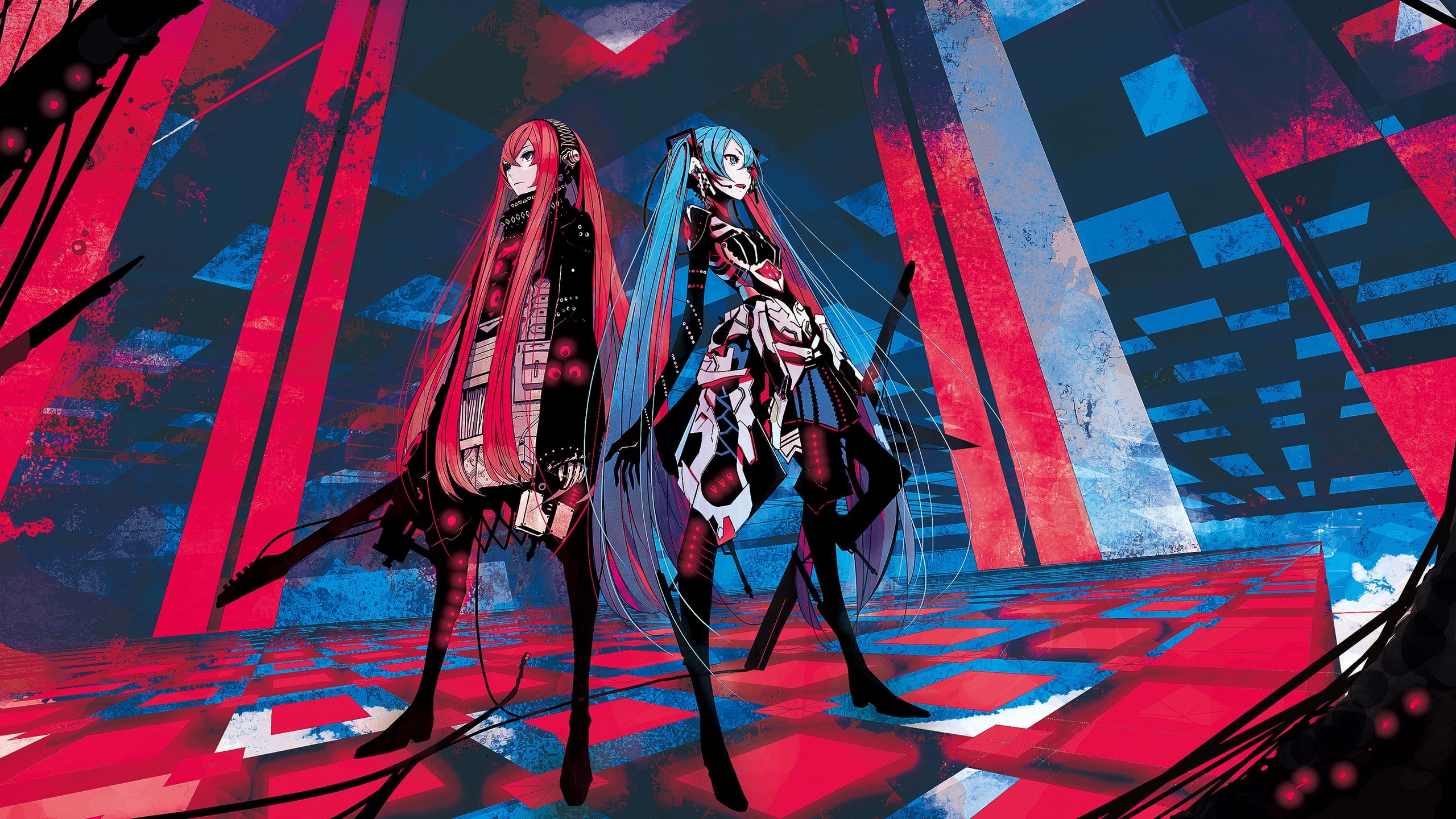 Vocaloid Hatsune Miku Megurine Luka Guitars Twintails Anime Girls
