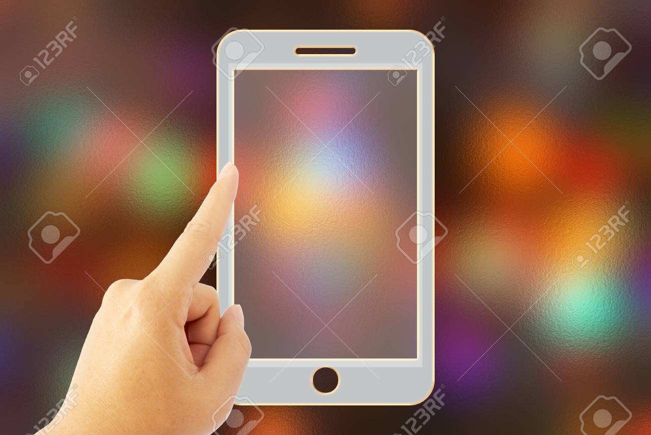 Woman Hand Touch Smart Phone Over Blurred Background Stock Photo